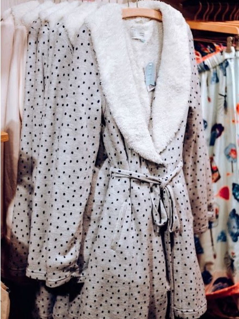 Anthropologie Cream fur Grey with Navy Polka Dot Plush Robe